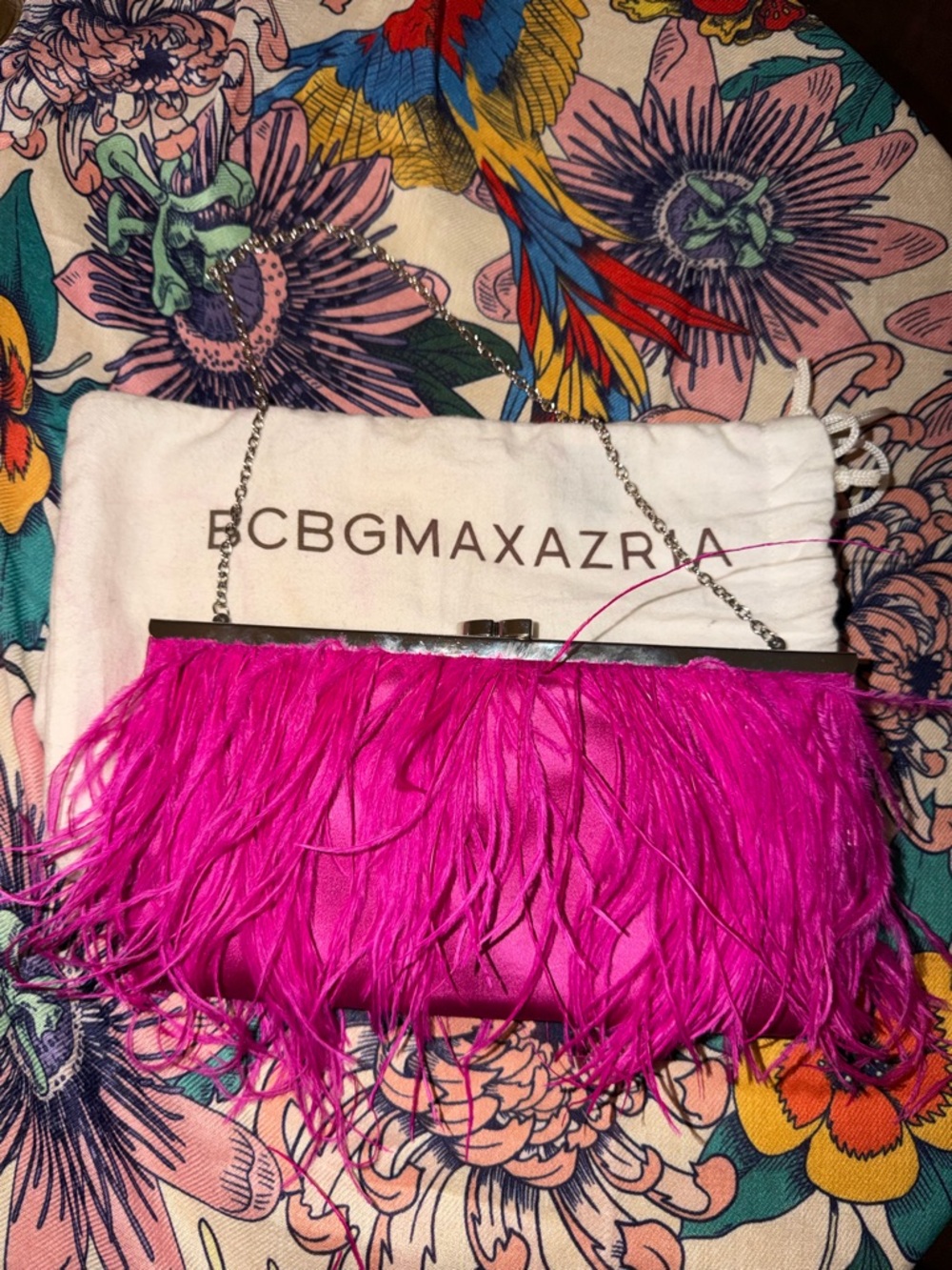 BCBGMaxAzria Hot Pink Feather Clutch with Silver Chain